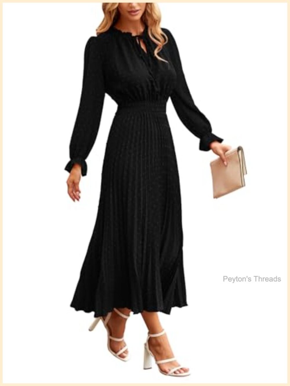 Swiss Dot Midi Dress Tie V Neck Long Sleeve A-Line Wedding Guest